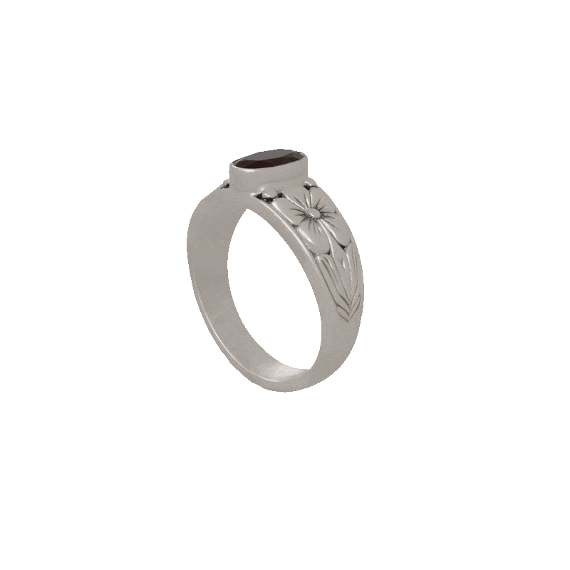 3D modelden render — yakut taşlı işlemeli altın alyans